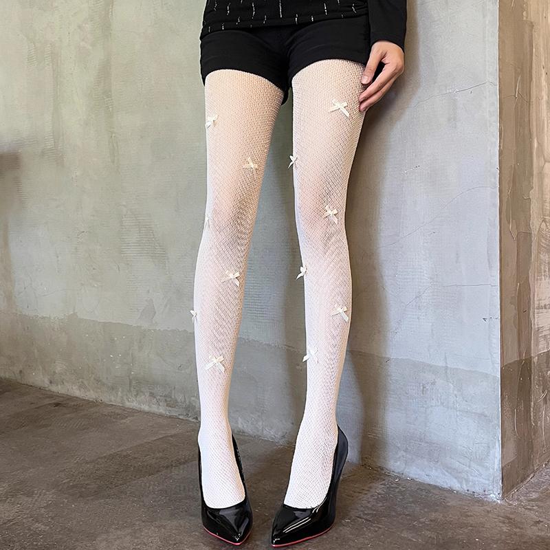 Bowknot Hollow Out Pantyhose Women Sexy Thin Ins Tide Lace Tights Fishnet Silk Stockings For Party Christmas
