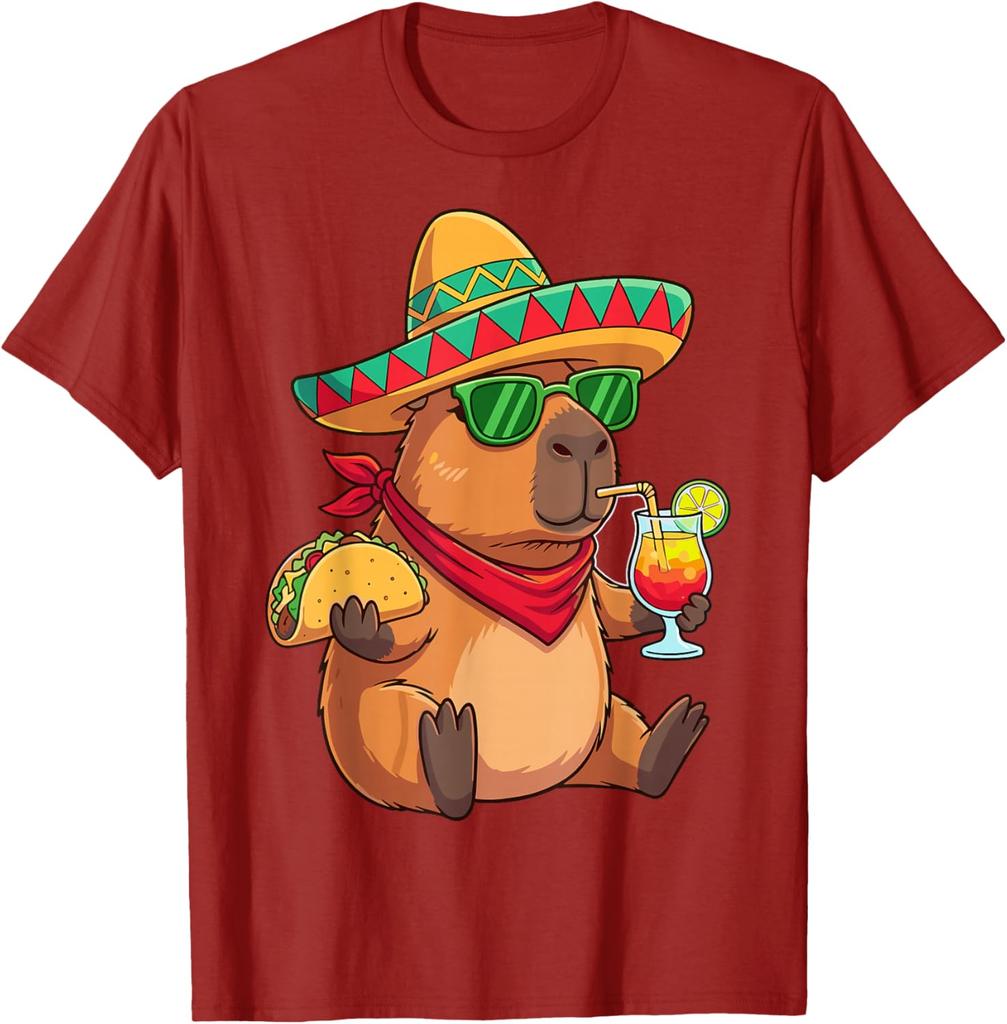 Capybara Sombrero Taco Drink Summer Fiesta Graphic Tee Shirt Casual Breathable Men
