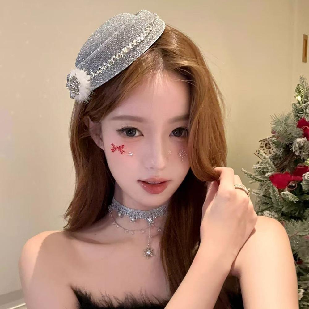 

Fashion Snowflake Rhinestone Beret Fedoras Hat Adjustable Clip Velvet Red Hair Clip Hat Party Headwear белый