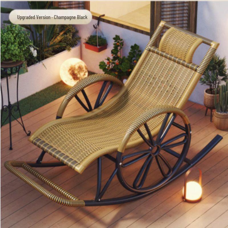 Adult Rattan Rocking Chair: Steel-Framed Recliner for Leisure and Napping on Balconies