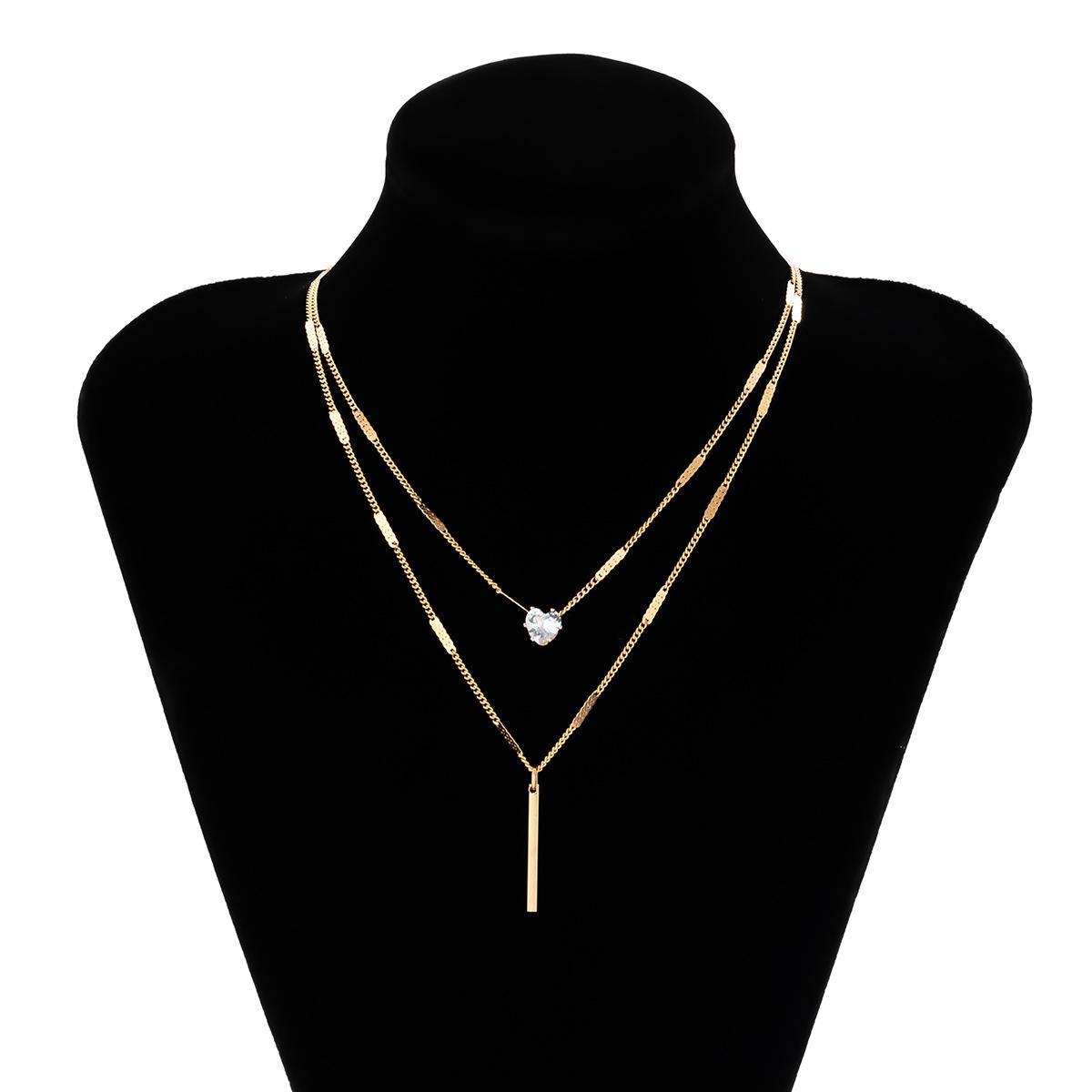 

Jewelry, temperament water drop fine chain necklace, simple double-layer metal rod slightly inlaid heart-shaped necklace for women