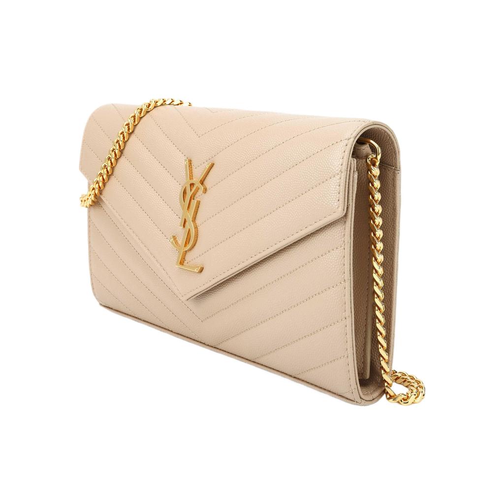 Saint Laurent Ysl Monogram Logo Dorato Pelle Granulosa Trapuntata Portafoglio a Catena Borsa a Spalla Borse Donna Beige Scuro 377828-BOW01-2721