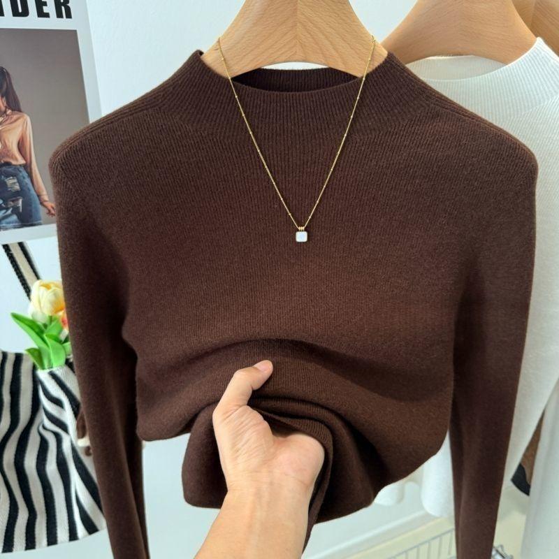Women's Stand Collar Wool Sweater Autumn and Winter Solid Color Warm Stretch Knit Sweater Slim Fit Stretch Knit Pullover