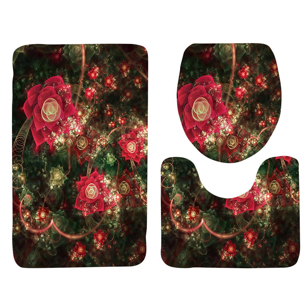 Rose Petal Series Printed Toilet Floor Mat Three-piece Bathroom Slip Carpet Set