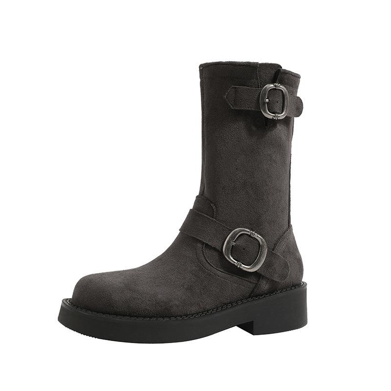 2025 New Belt Buckle Thick Heel Short Boots Platform Martin Boots Women's Knight Boots Medium Boots Western Cowboy Boots