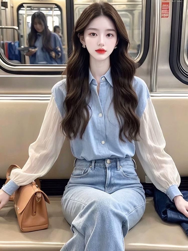 French temperament blue splicing long-sleeved shirt for women inside and outside, high-end chic top for women