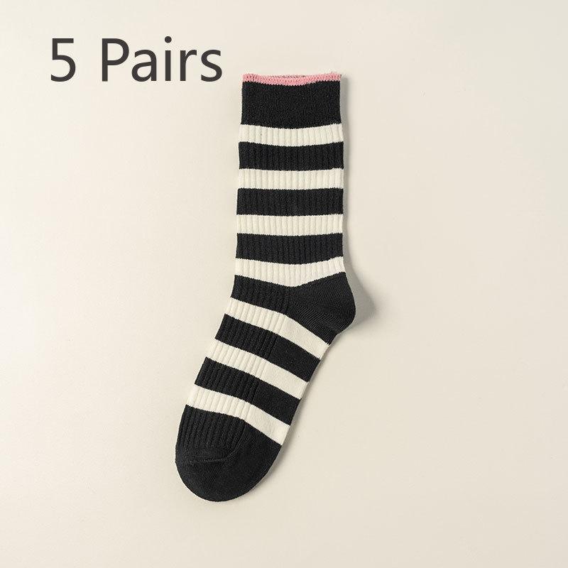 5 Pairs Autumn and Winter New Socks Women's Sports and Leisure Stripes Colour Blocking Embroidery Mid-calf Socks Women's Socks Hundred Socks Wholesale