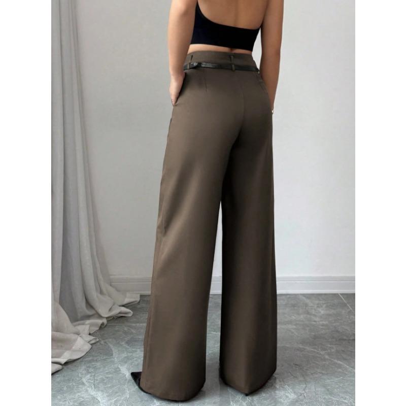 2026 Fashion High Waisted Wide Leg Trousers with Belt Solid Color Office Wear Casual Business Straight Leg Pants Spring Women's Bottoms