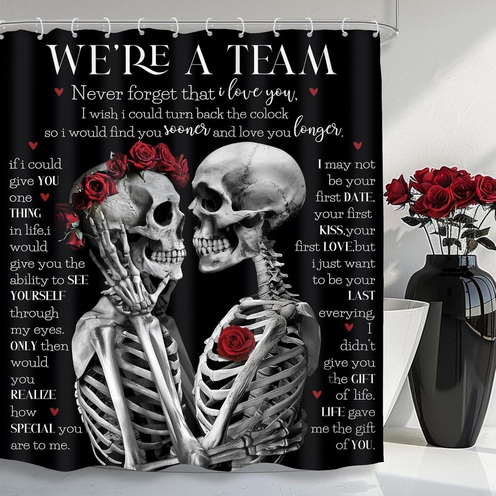 Dark Samurai Skeleton Waterproof Shower Curtain - Intricate Red Moon & Mountain Design for a Bold and Mysterious Bathroom Decor