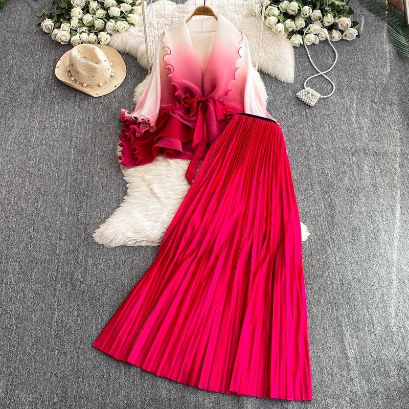 

Fashion Suit Women s Fancy Gradient Color Sanzhai Wooden Ear Waist-Controlled Top Two-piece Set High Waist Pleated Skirt Red One size