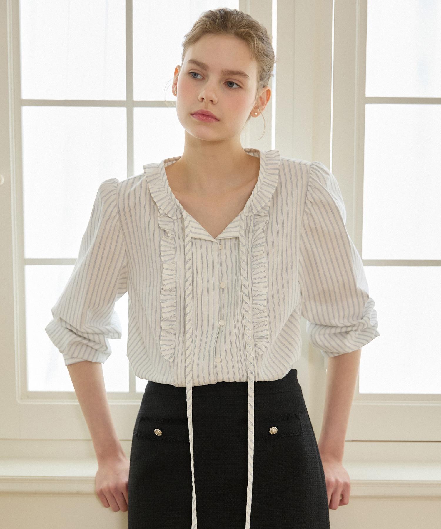 Nonlocal Striped Ribbon Ruffle Pintuck Blouse - Blue Stripe Blue Stripe/Free
