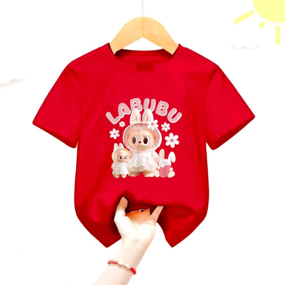 New Labubu Children's T-shirt Scarf LABUBU Flower and Rabbit Pattern Girl Round Neck Short Sleeve Casual Versatile Clothing