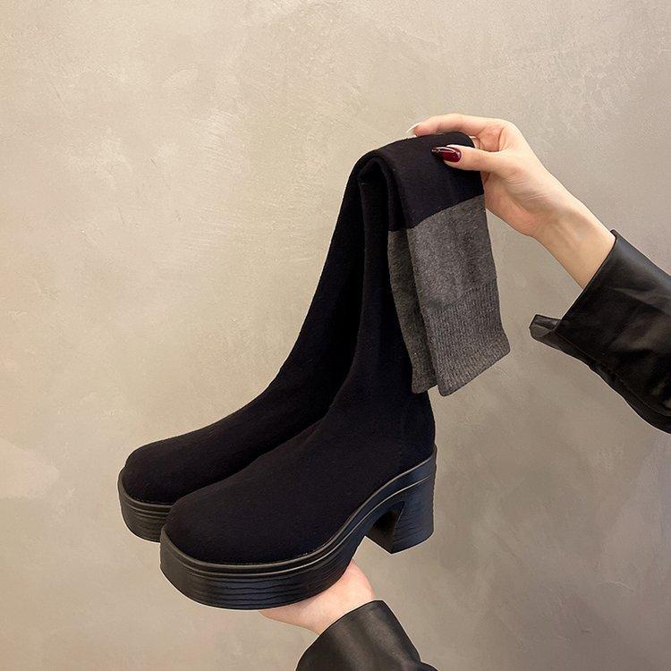 

Large size knee boots for women s autumn and winter new thick-soled thick-heeled elastic thin boots socks boots for women 35 черный серый