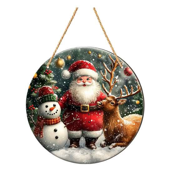 Winter Santa Wall Art Christmas Wooden Round Hanging Sign, Claus Highland Cow Theme Holiday Party Accents Door Decor, Farmhouse Welcome Ornament