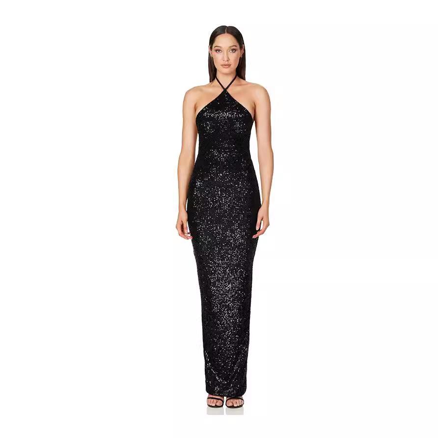 Women's Sleeveless French Dress with Slit Sequin Evening Gown
