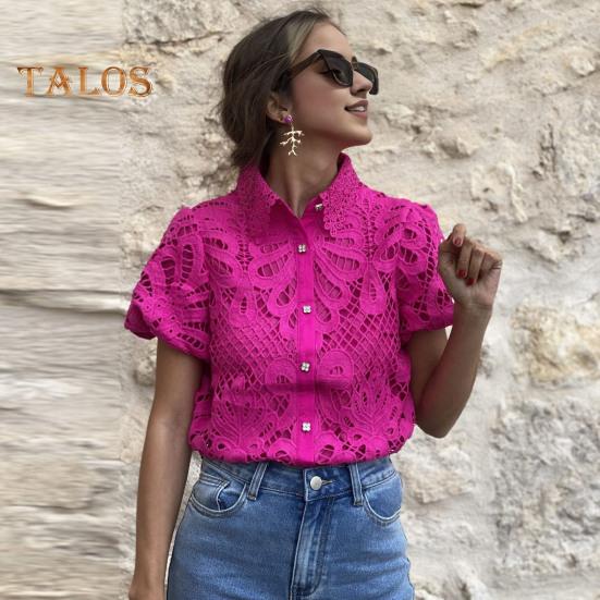 Women Shirt Lapel Puff Short Sleeve Slim Fit Shirt Tops Solid Color Button Closure Hollow Lace Crochet Blouse