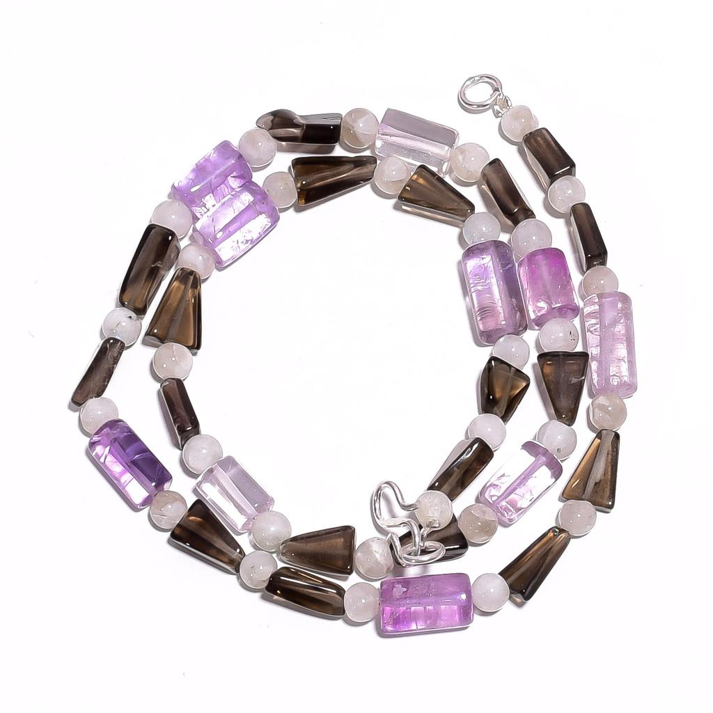 Natural Amethyst Smoky Quartz Moonstone Gemstone Beads Necklace 17" UB-4637 UB-4637
