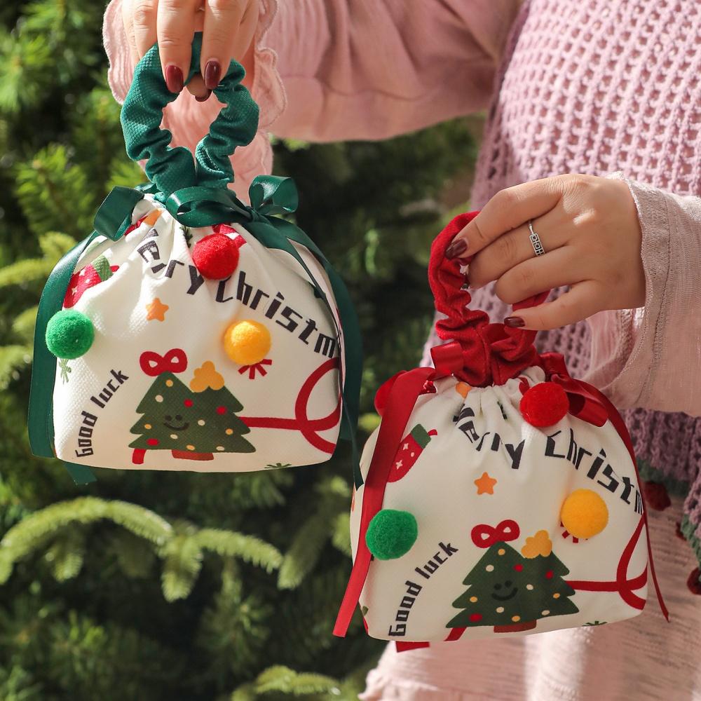 Christmas Gift Bags Cartoon Candy Bag with Bow Biscuits Apple Packaging Box Children's Drawstring Pouch Party Supplies Storage