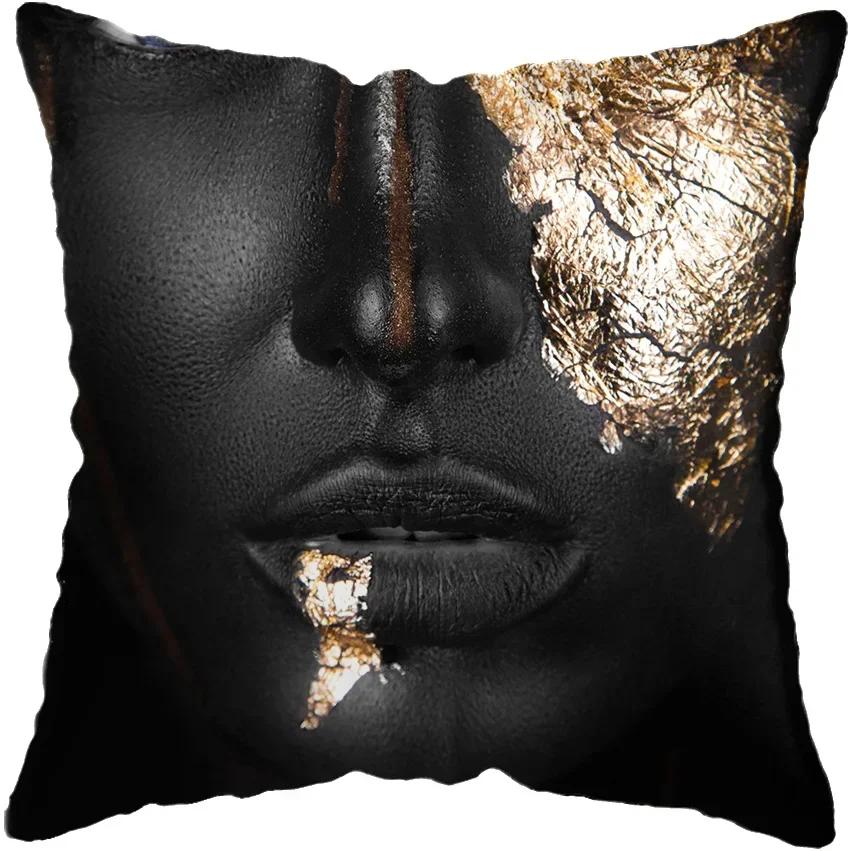 Modern Living Room Black Gold African Lady Woman Style Look Art Deco Sofa Pillowcase Cushion Cover