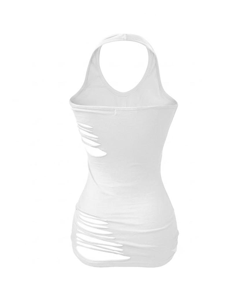 URBANUNIQUE LABEL Hand-Cut Damaged Halterneck Sleeveless (White)