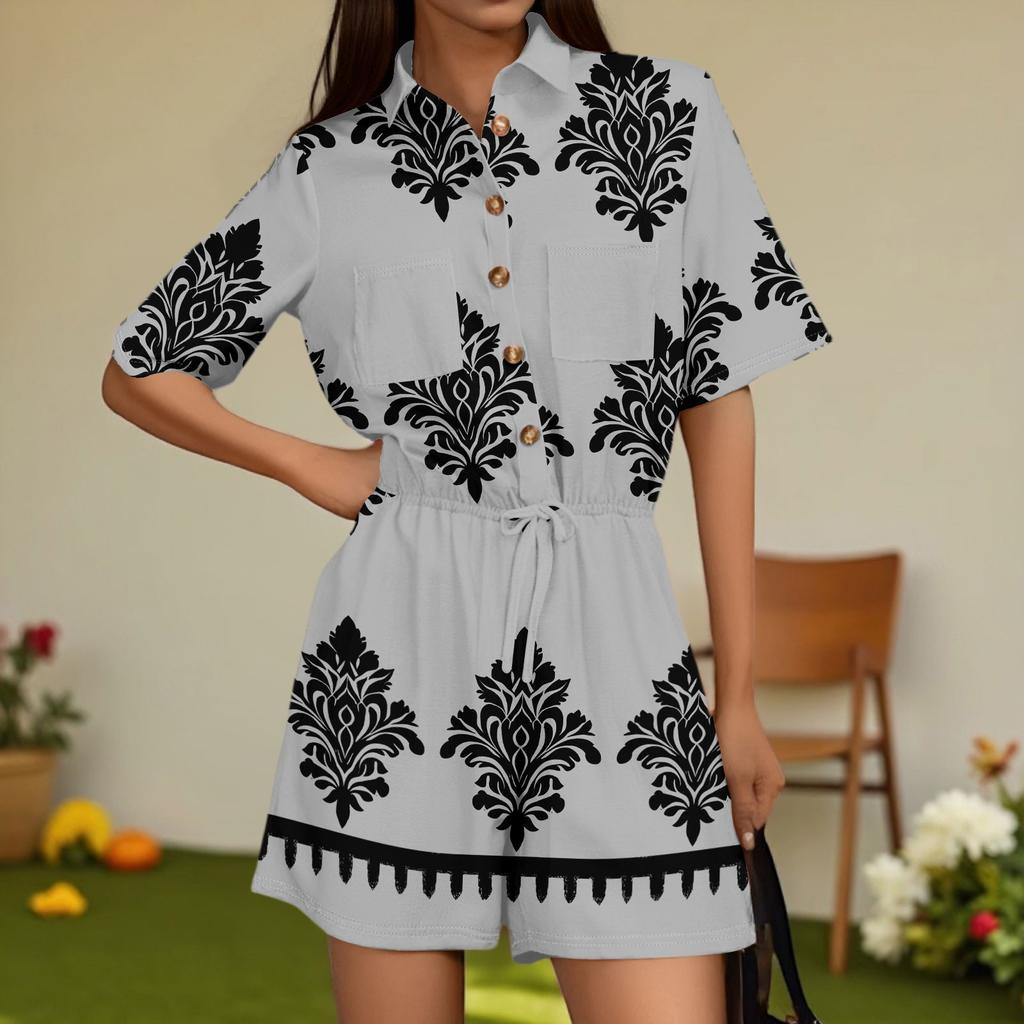 Women's Fashion V-neck Jumpsuit Plaid Casual Short Sleeve Top Jumpsuit