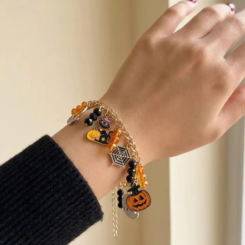 Gothic Punk Halloween Ghost Pumpkin Spider Skull Multi-Pendant Bracelet Unisex Fashion Jewelry Party Gift Handmade Craft