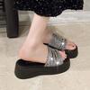 2025 summer new casual and comfortable thick-bottomed rhinestone slippers women's outer wear temperament round head flat bottom cool slippers