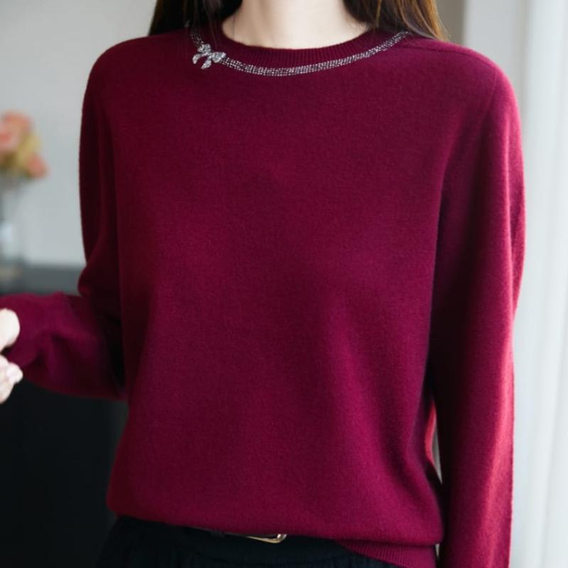Navava Women Ribbon Point Round Neck Long Sleeve Knit Tee Nk3192