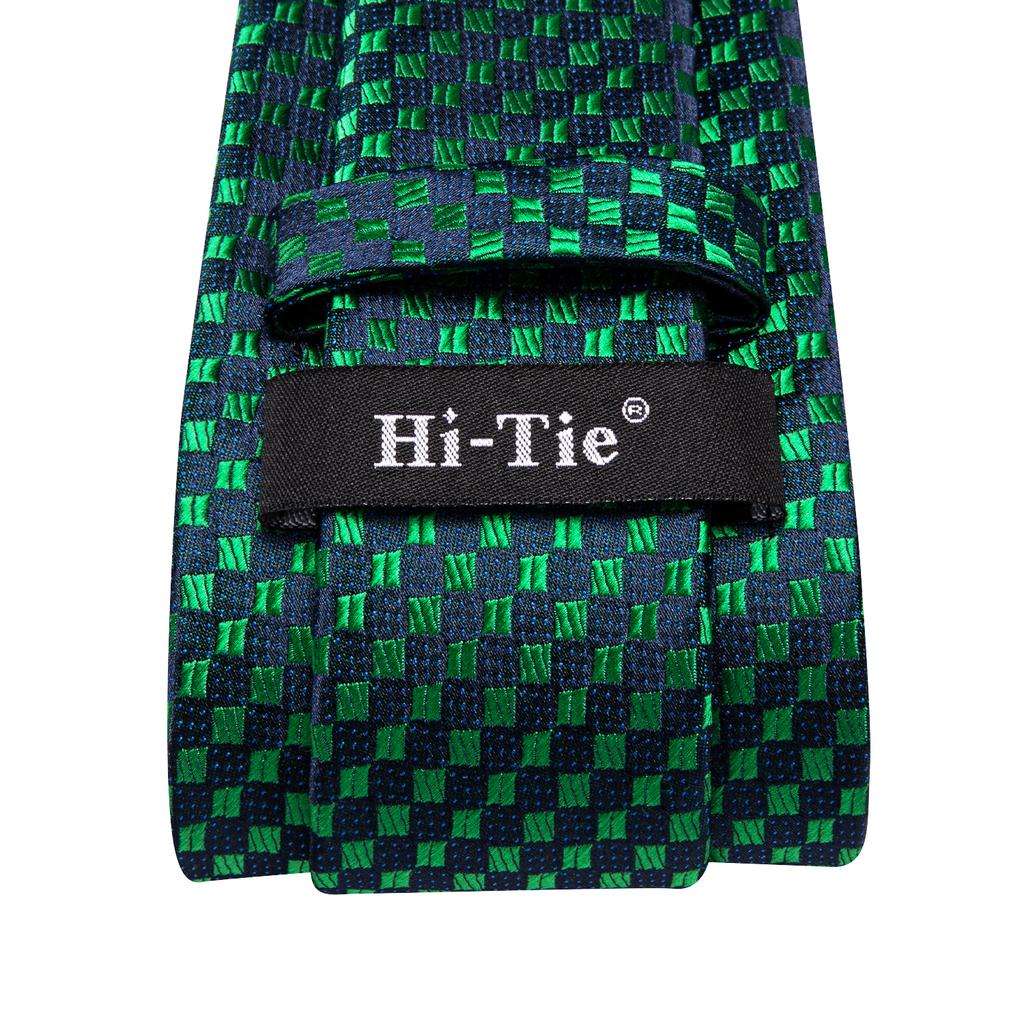 Hi-Tie Dark Green Plaid Jacquard Mens Silk Tie Classic Necktie Cufflink Hanky Set