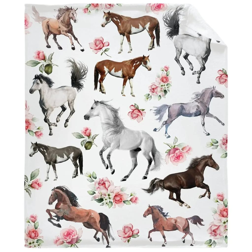 Horses Blankets Coral Fleece Plush Summer Nature Wild Animals Portable Lightweight Throw Blankets for Home Car Bedspreads