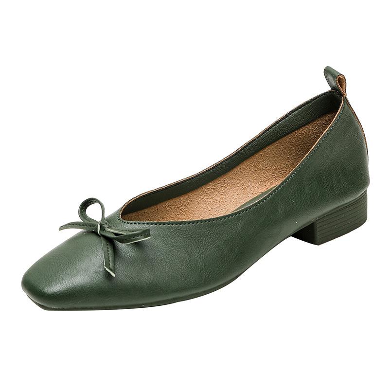 Leather V-mouth single shoes women's thick heel square head soft leather soft sole not tired feet bow retro commuter light mouth small leather shoes