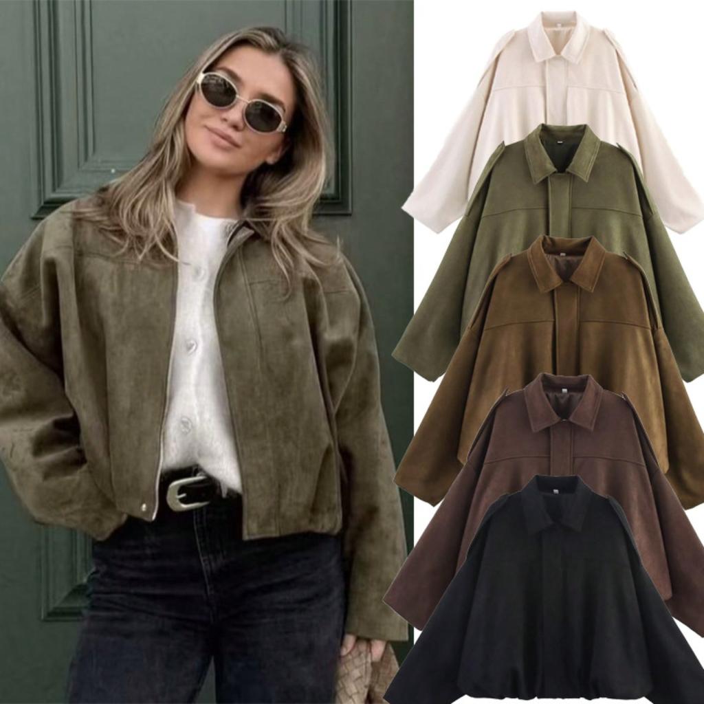 Damen Kurze Pilotenjacke Frühling/Herbst/Winter Jacke Locker Langarm Reißverschluss Retro Jacke Damen Neue Jacke