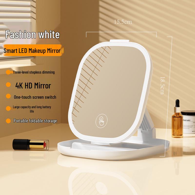 Portable LED Makeup Mirror with USB Charging, Three-Color Light, Foldable Handheld Design