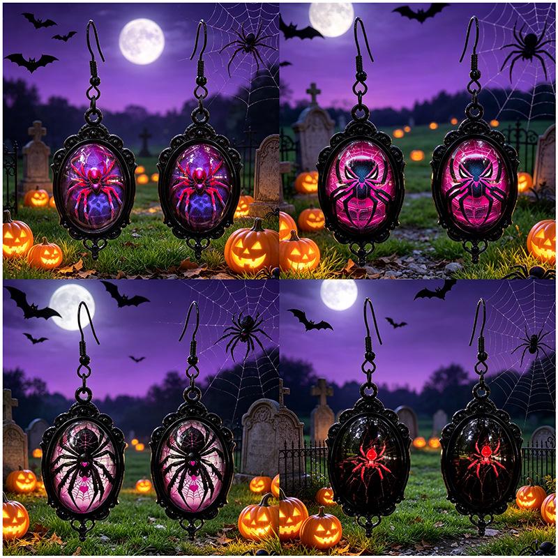 Halloween Gothic Spider Pendant Earrings with Time Gem