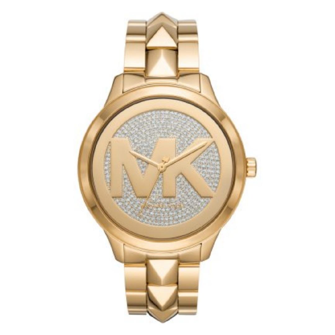 

Женские часы Michael Kors Oversized Runway Mercer с логотипом, инкрустированным камнями, золотистого цвета MK6714 серый