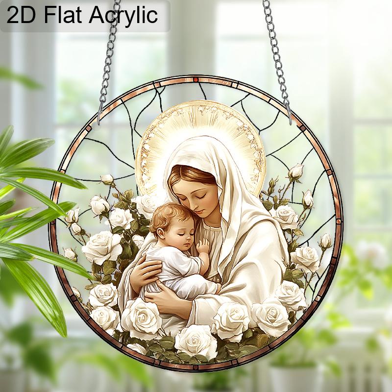 Acrylic Virgin Mary and Baby Jesus with Roses Suncatcher, Stained Glass Effect Window Hanging Ornament for Religious & Faith Lover Gifts