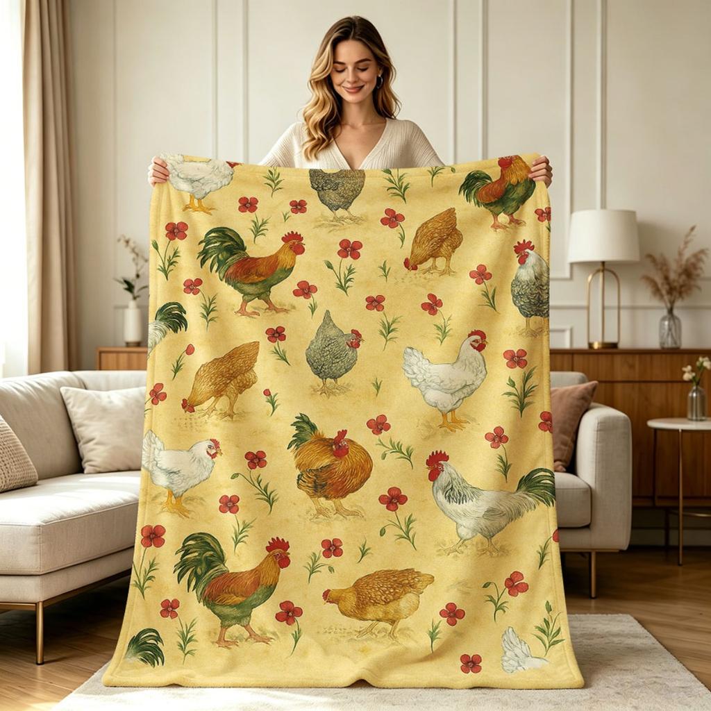 All Season Warm Flannel Blanket Farm Chicken Floral Print Soft Cozy Throw Blanket for Sofa Couch Bed Office Living Room Home Decor