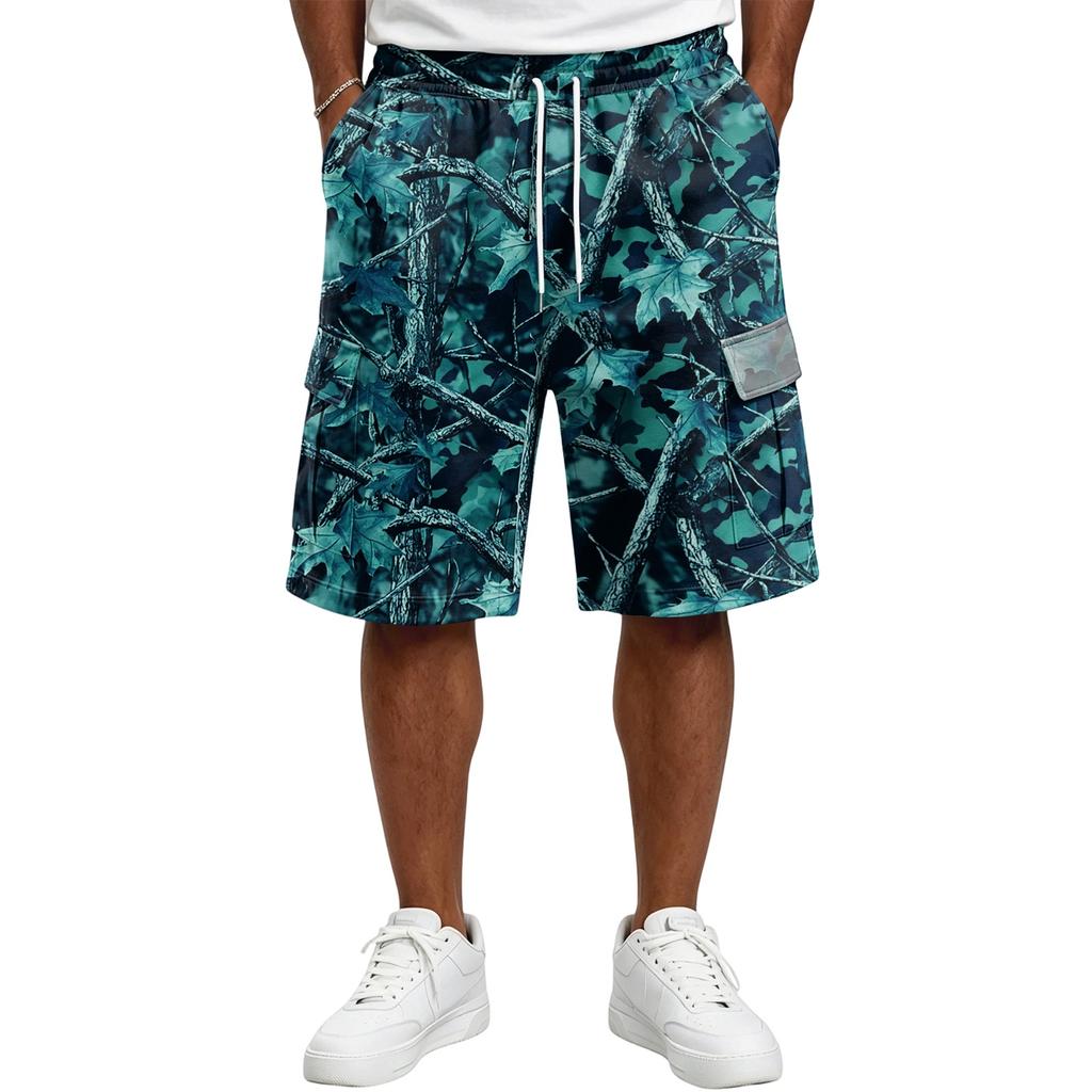 Men's Tree Camouflage Drawstring Shorts, Casual Relaxed Loose Fit Short Pants for Summer, Outdoor, Daily Activities