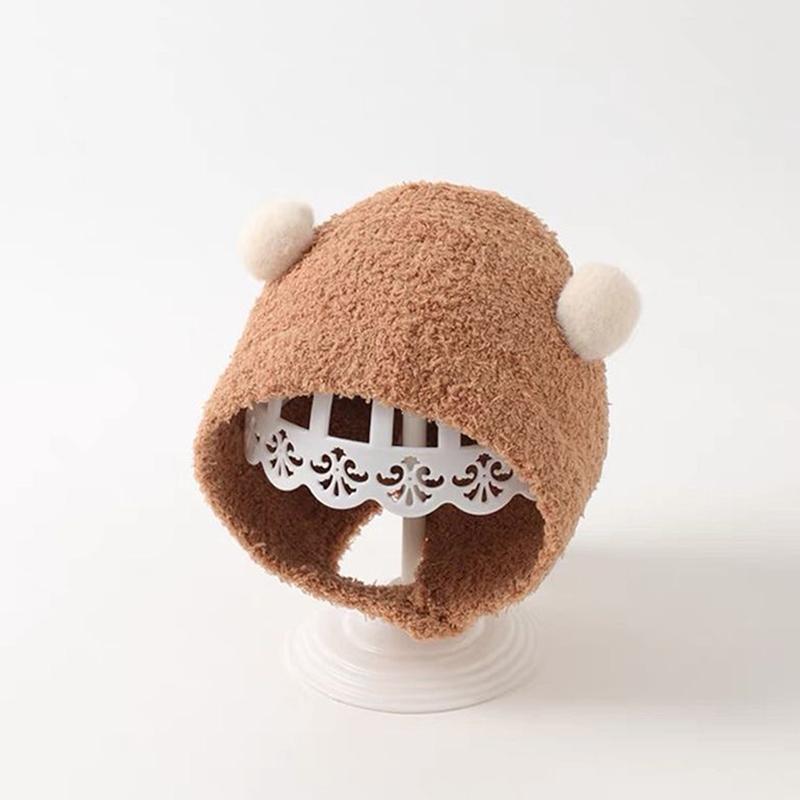 Cute Winter Warm Kids Girl Boys Baby Hats Fleece Wool Hemming Caps With Ball Solid Wool Ear Protection Hats Soft Newborn Bonnet