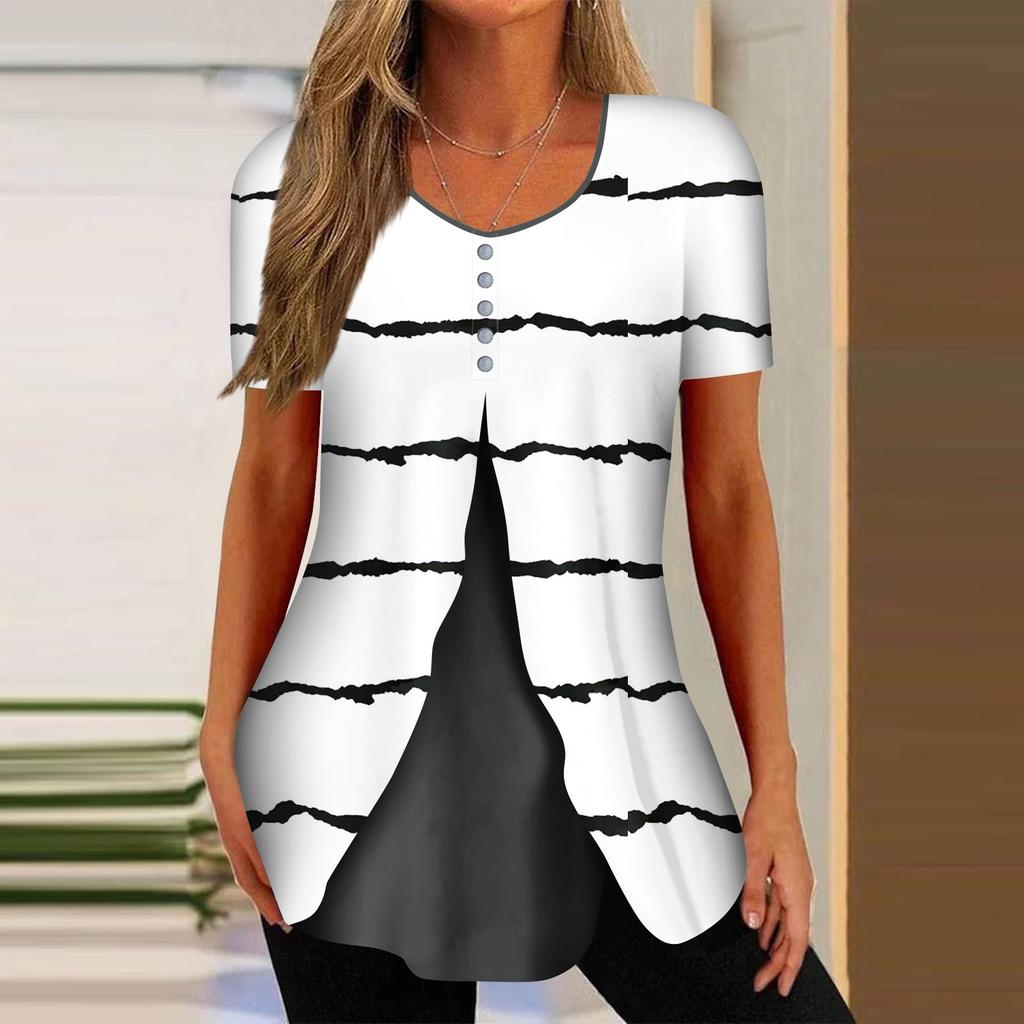Shirts For Women Short Sleeve Tops Dressy Summer Casual Printed V-neck Irregular Hem Blouses Tees