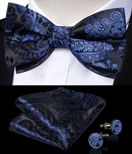 Conjunto de abotoaduras masculinas de seda azul ajustável com gravata borboleta Paisley floral Hanky