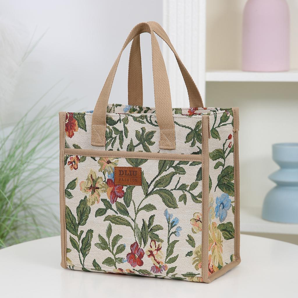 Thick Knitted Floral Fabric Tote Bag, Lunch Bag, Bento Bag, Large Capacity Portable Storage Bag, Handbag