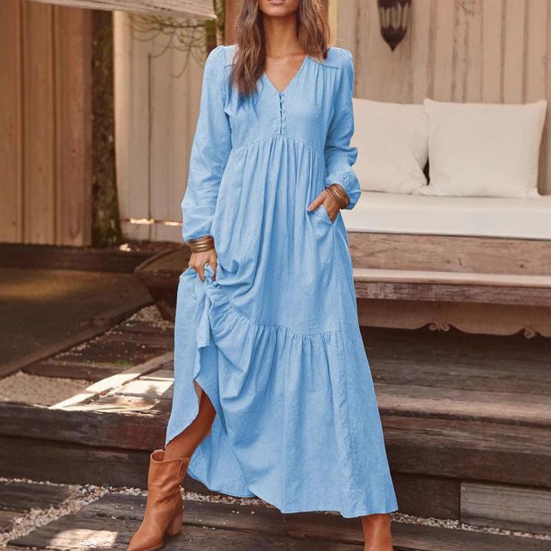 Womens Long Sleeve Maxi Dress V Neck Button Down Solid Colour Retro Long Dresses Loose Vacation Wrap Dresse
