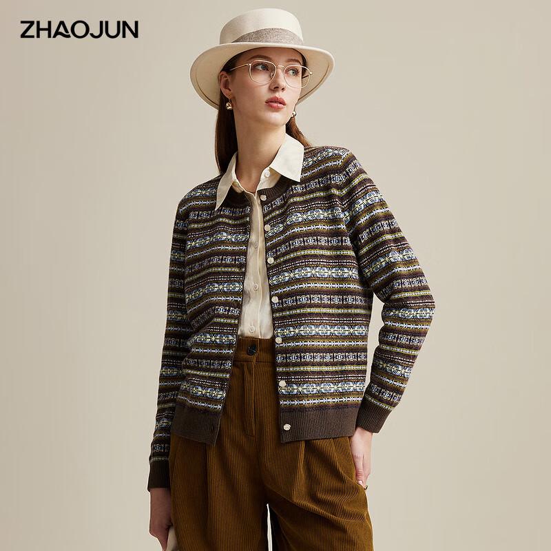 Zhaojun Women s Colorful Stripe Jacquard Wool Cardigan L