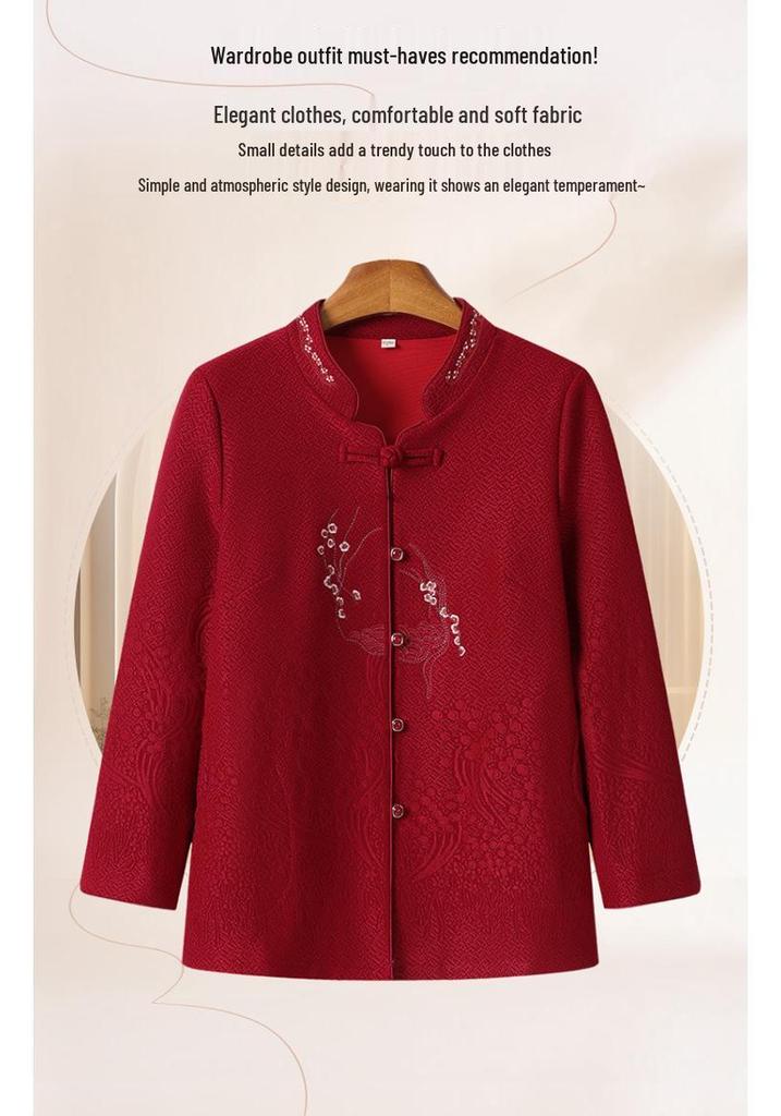 2026 Festive Tang Suit Shirt for Middle-Aged and Elderly Women: Grandma's Versatile Autumn Nine-Point Sleeve Chinese Style Top