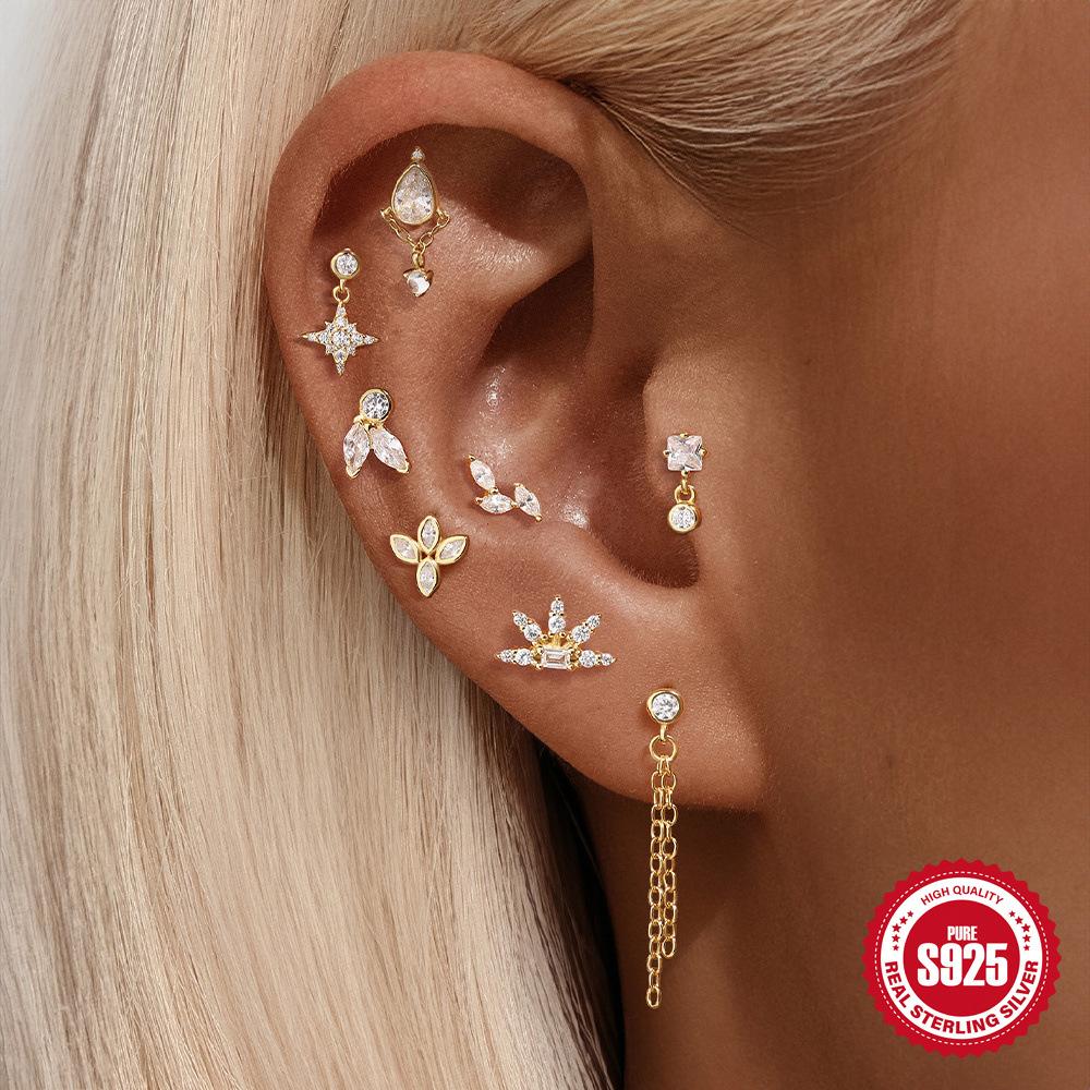 S925 Tremella Decoration Women'S Sterling Silver Simple Temperament Small Zircon Flat Bottom Piercing Stud Earrings Temperament Earrings Pendant