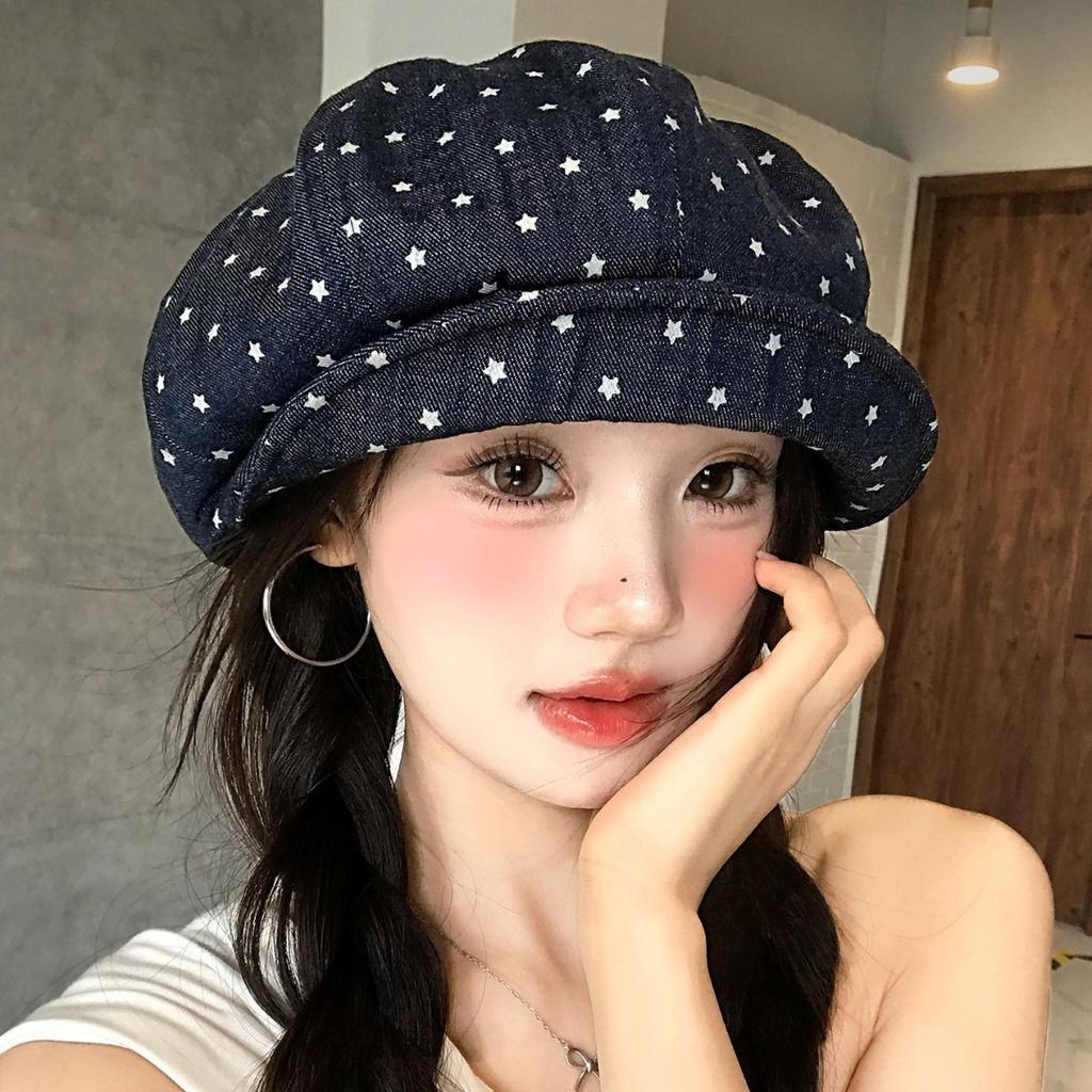 Japanese Niche Star Cloud Octagonal Hat Women'S Autumn Ins Versatile Beret Big Head Circumference Retro British Painter Hat