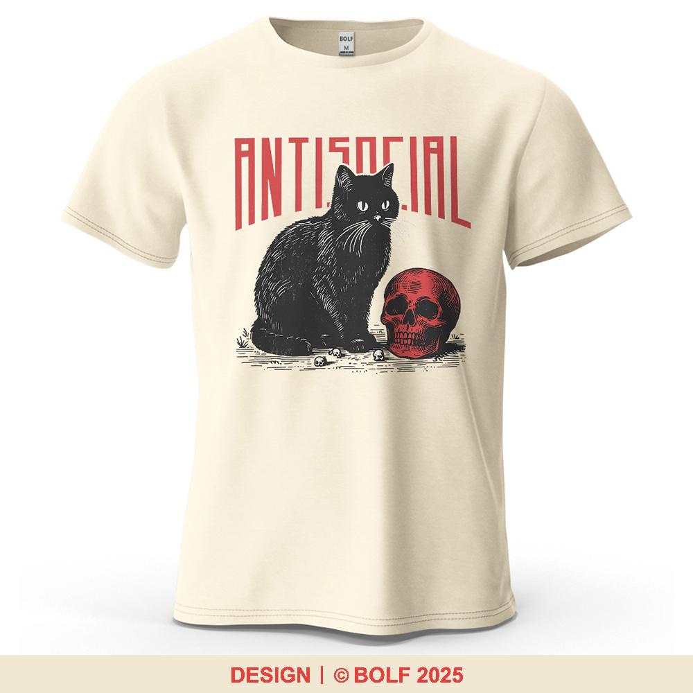 Black Cat & Skull Printed Men's T-Shirt Oversized Rebellious Gothic Graphic Tees for Women Tops Tees Streetwear