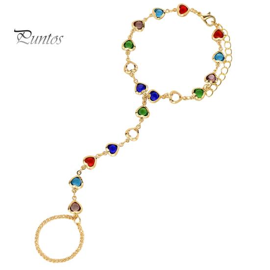 Versatile Fashion Jewelry Hand Chain Bracelet with Ring for Women, Colorful Heart Shaped Wrist Combo Faux Crystal Healing Jewelry, Gifts Best