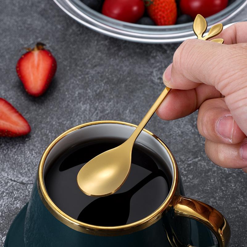 Stainless Steel Leaf Spoon & Fork Set - Long Handle for Coffee, Dining & Dessert